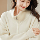 Womens Cashmere Zip - Up Cardigan Stand Collar Jacket Cashmere Coat Ivory XS