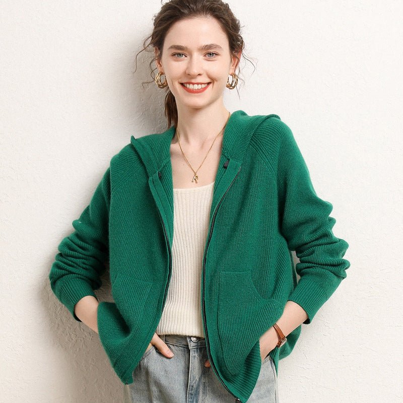 Womens Zip - Up Cashmere Hoodie Front Pockets Long Sleeve Cashmere Coat Green XS
