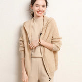 Womens Zip - Up Cashmere Hoodie Front Pockets Long Sleeve Cashmere Coat Beige XS
