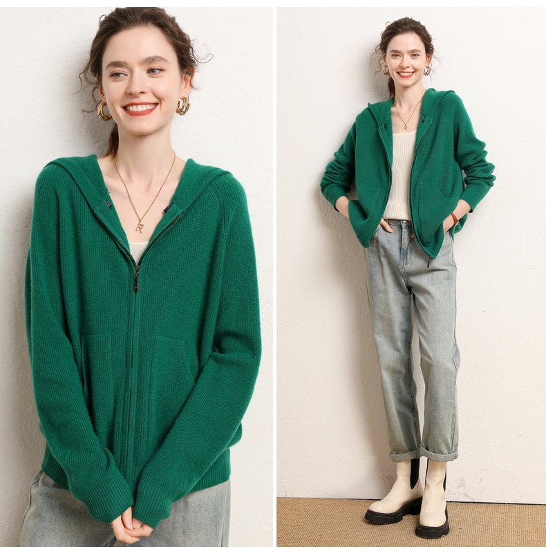 Womens Zip - Up Cashmere Hoodie Front Pockets Long Sleeve Cashmere Coat Green XS