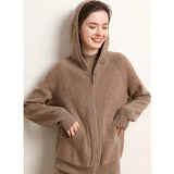 Womens Zip - Up Cashmere Hoodie Front Pockets Long Sleeve Cashmere Coat Taupe XS