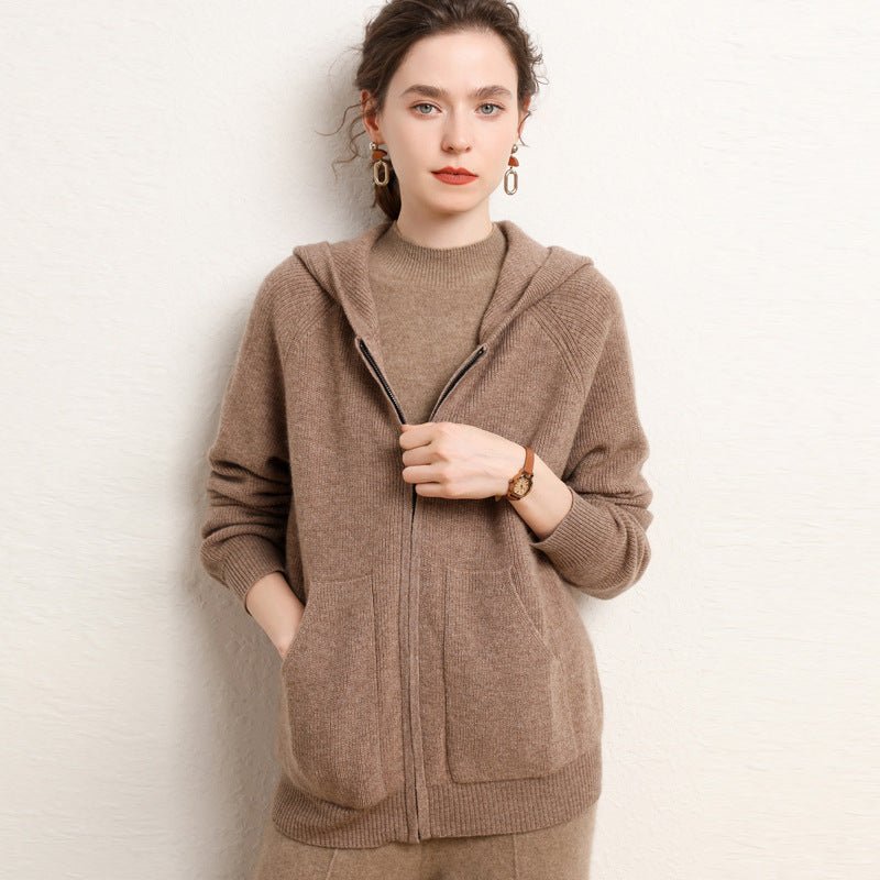 Womens Zip - Up Cashmere Hoodie Front Pockets Long Sleeve Cashmere Coat Taupe XS