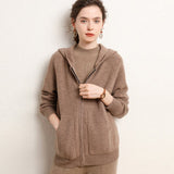 Womens Zip - Up Cashmere Hoodie Front Pockets Long Sleeve Cashmere Coat Taupe XS