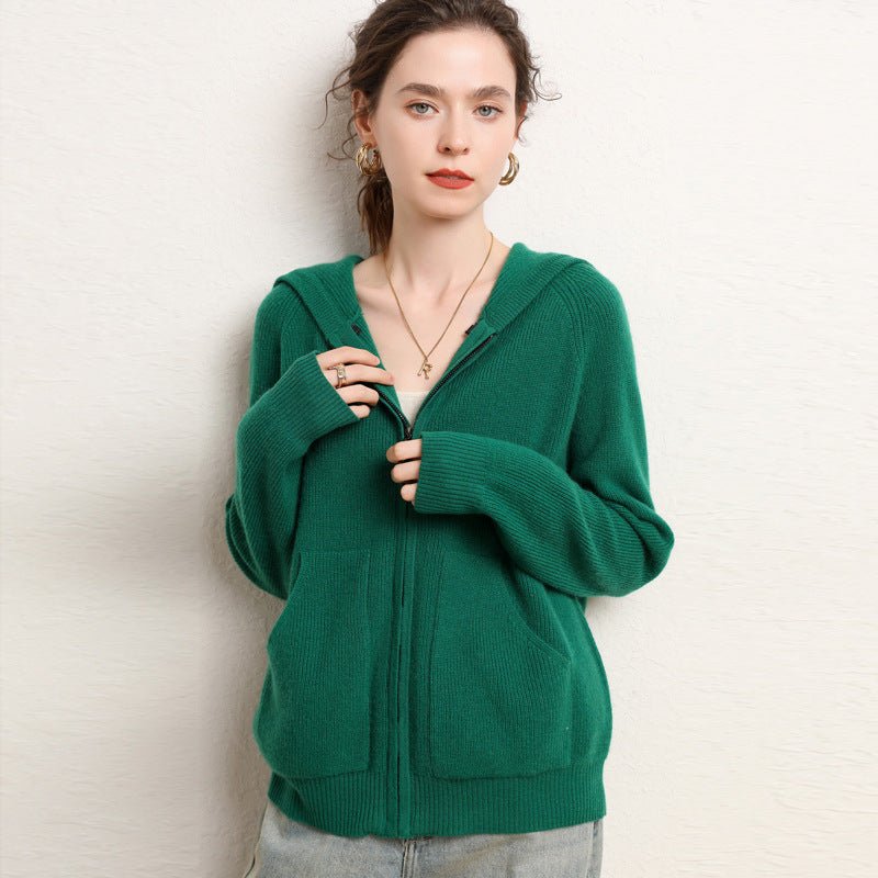 Womens Zip - Up Cashmere Hoodie Front Pockets Long Sleeve Cashmere Coat Green XS