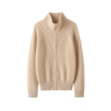 Womens Full Zip - Up Cashmere Cardigan Fold - Over Collar Cashmere Coat Beige XS