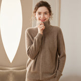 Womens Full Zip - Up Cashmere Cardigan Fold - Over Collar Cashmere Coat Taupe XS