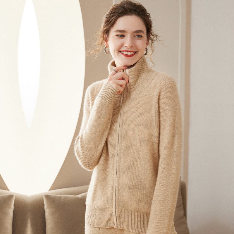 Womens Full Zip - Up Cashmere Cardigan Fold - Over Collar Cashmere Coat Beige XS
