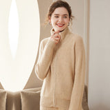 Womens Full Zip - Up Cashmere Cardigan Fold - Over Collar Cashmere Coat Beige XS