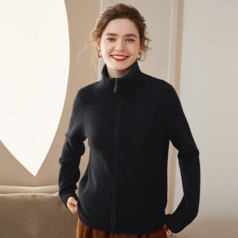 Womens Full Zip - Up Cashmere Cardigan Fold - Over Collar Cashmere Coat Black XS