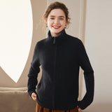 Womens Full Zip - Up Cashmere Cardigan Fold - Over Collar Cashmere Coat Black XS