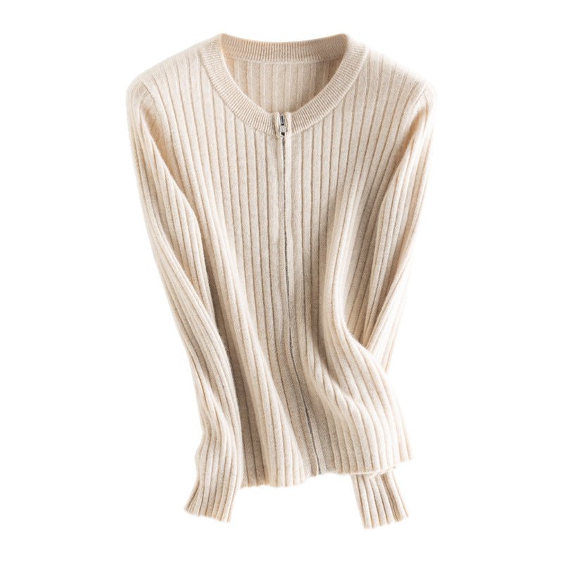 Women's Ribbed Knit Zip - Up Cashmere Sweater Crew Neck Cashmere Coat Beige M