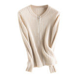 Women's Ribbed Knit Zip - Up Cashmere Sweater Crew Neck Cashmere Coat Beige M