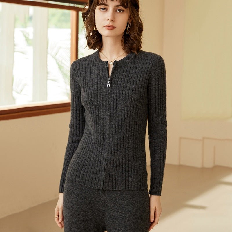 Women's Ribbed Knit Zip - Up Cashmere Sweater Crew Neck Cashmere Coat Gray M