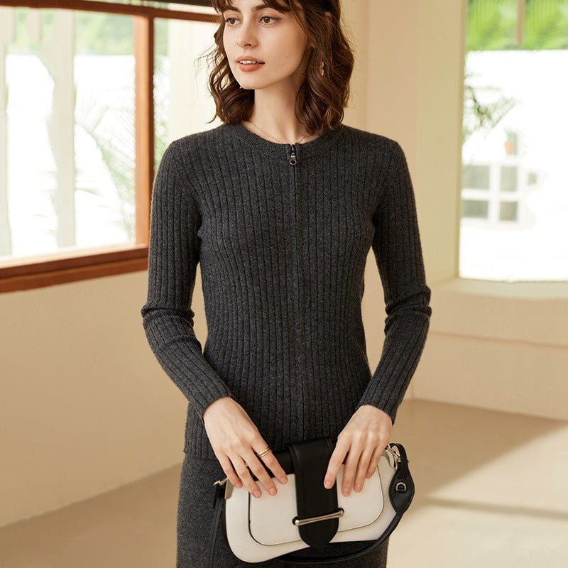 Women's Ribbed Knit Zip - Up Cashmere Sweater Crew Neck Cashmere Coat Gray M