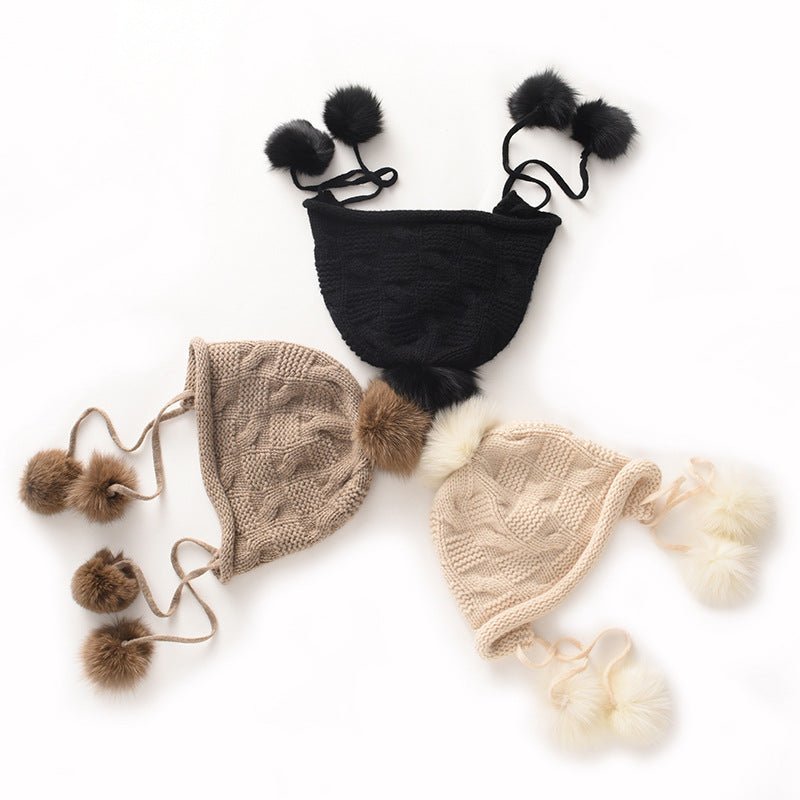 Womens Cashmere Pom - pom Earflap Hat With Cable Knit Cashmere Beanie Black M