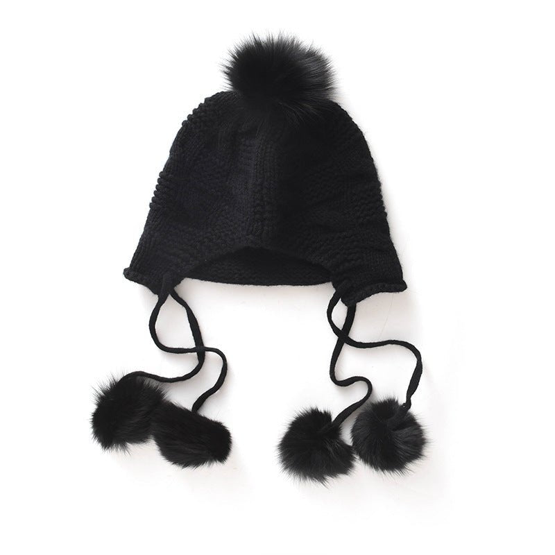 Womens Cashmere Pom - pom Earflap Hat With Cable Knit Cashmere Beanie Black M