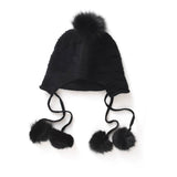 Womens Cashmere Pom - pom Earflap Hat With Cable Knit Cashmere Beanie Black M