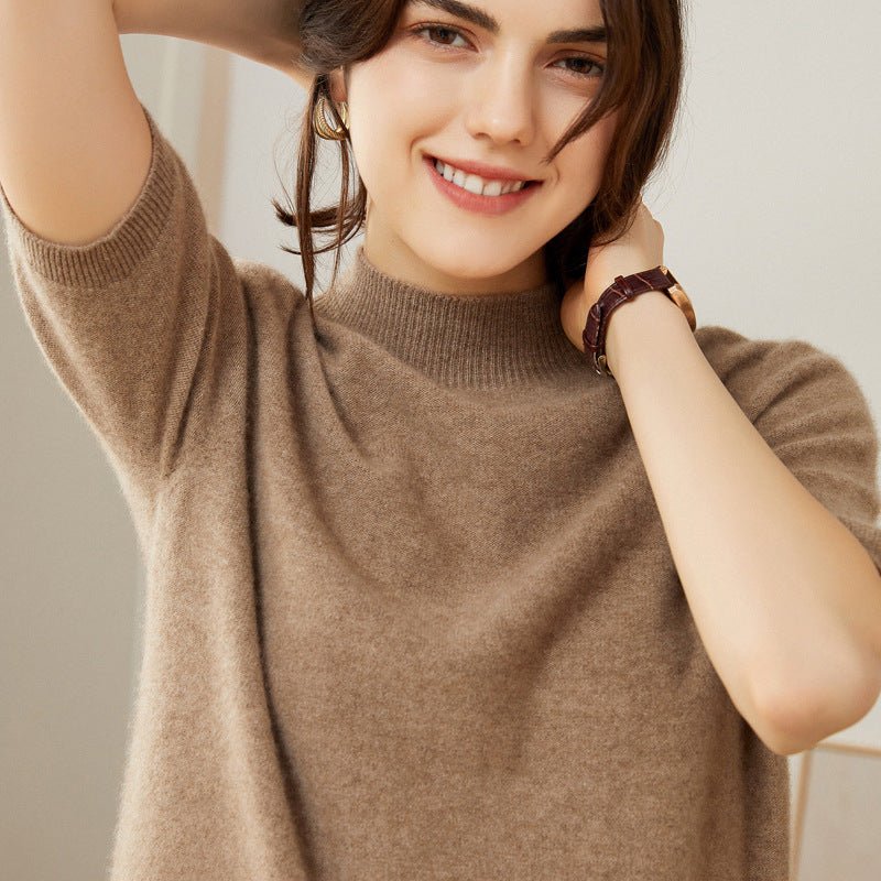 Womens Cashmere Mock Neck Sweater Half - Sleeve Superfine Sweater Taupe XS