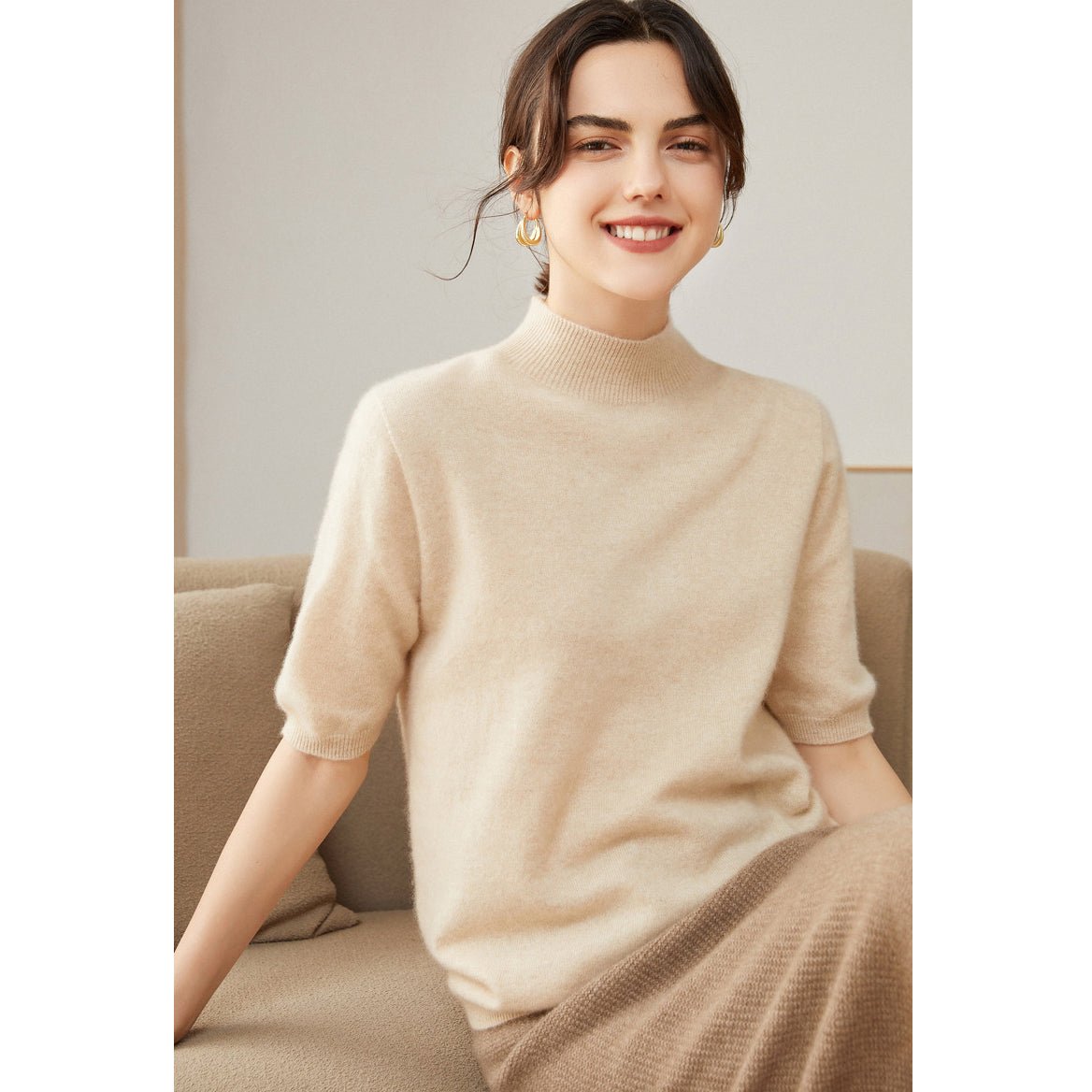 Womens Cashmere Mock Neck Sweater Half - Sleeve Superfine Sweater Beige XS