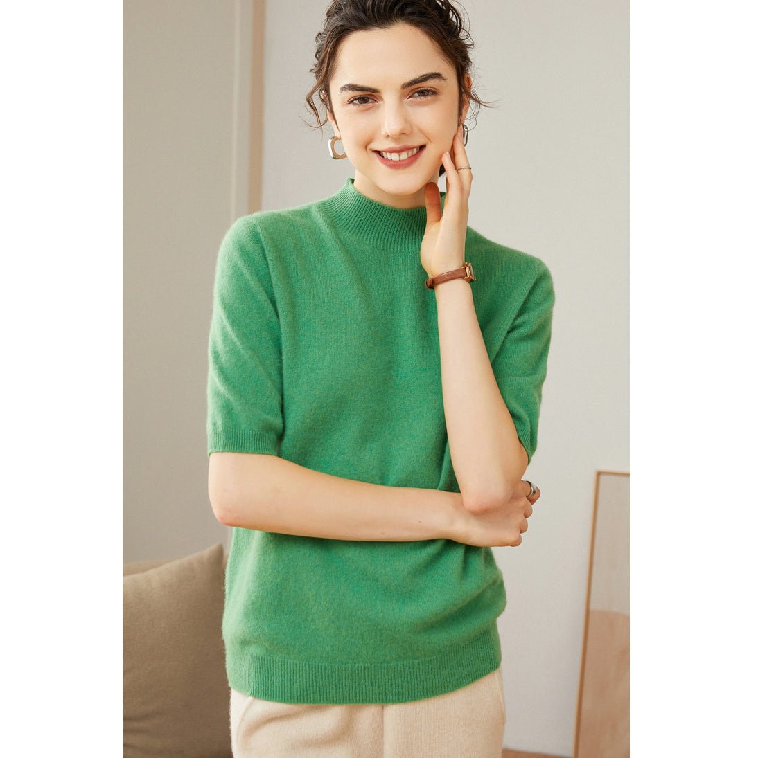 Womens Cashmere Mock Neck Sweater Half - Sleeve Superfine Sweater Green XS