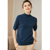 Womens Cashmere Mock Neck Sweater Half - Sleeve Superfine Sweater Ocean Blue XS