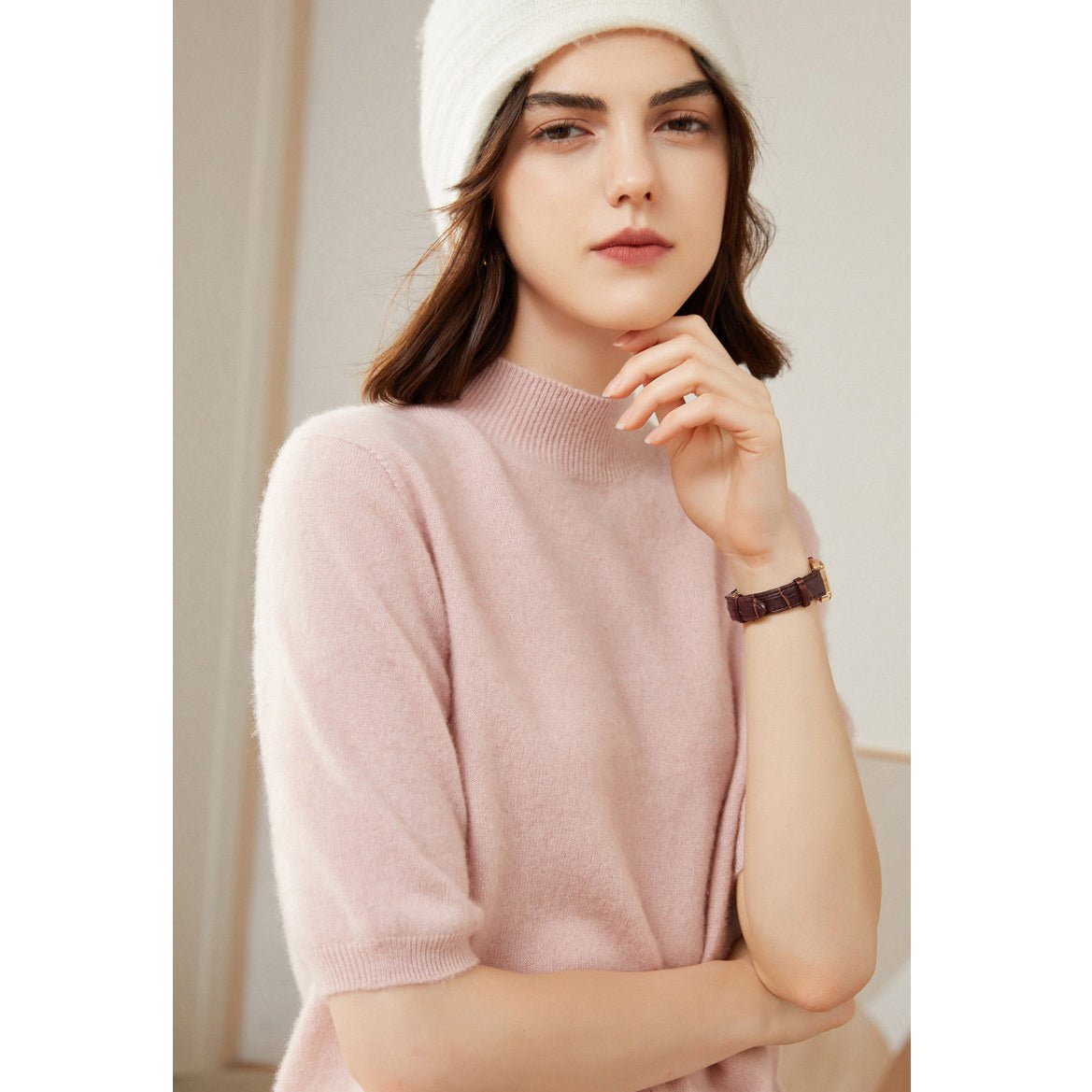 Womens Cashmere Mock Neck Sweater Half - Sleeve Superfine Sweater Pink XS