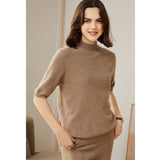 Womens Cashmere Mock Neck Sweater Half - Sleeve Superfine Sweater Taupe XS