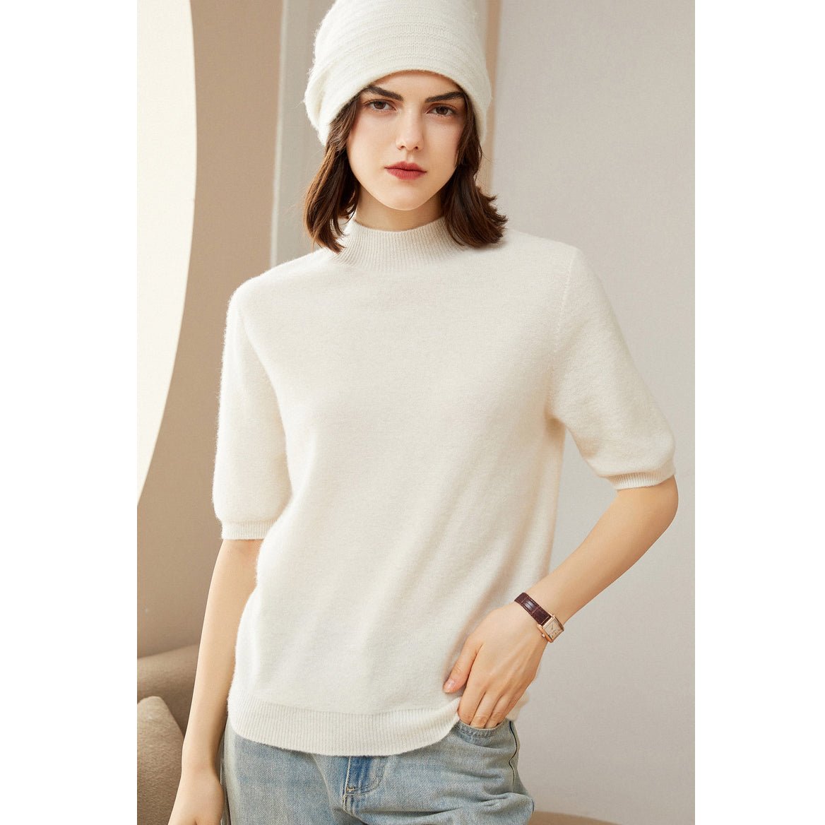 Womens Cashmere Mock Neck Sweater Half - Sleeve Superfine Sweater Ivory XS