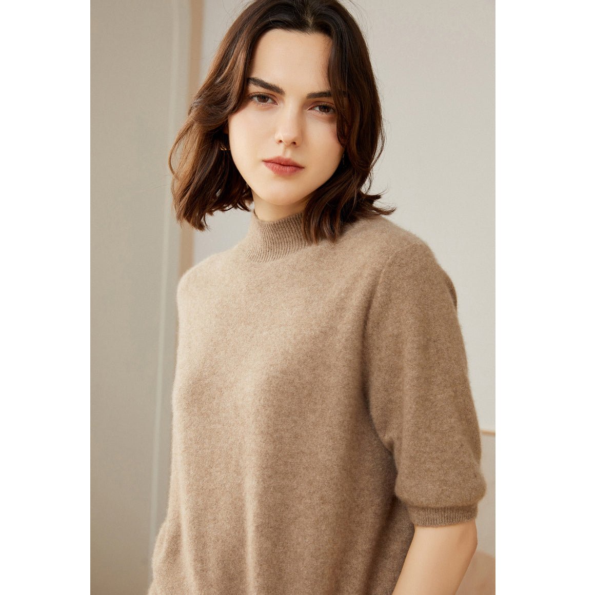 Womens Cashmere Mock Neck Sweater Half - Sleeve Superfine Sweater Taupe XS