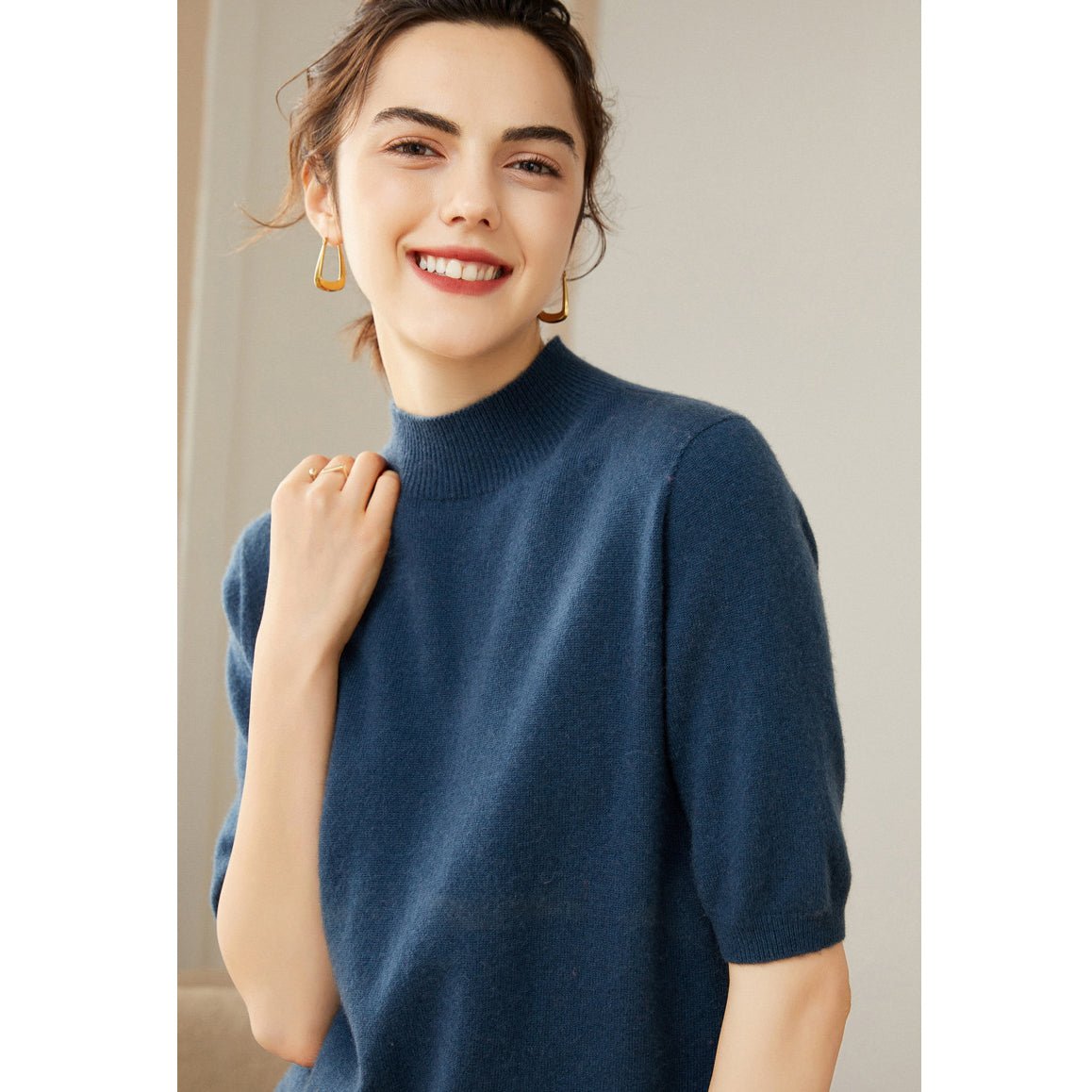 Womens Cashmere Mock Neck Sweater Half - Sleeve Superfine Sweater Ocean Blue XS