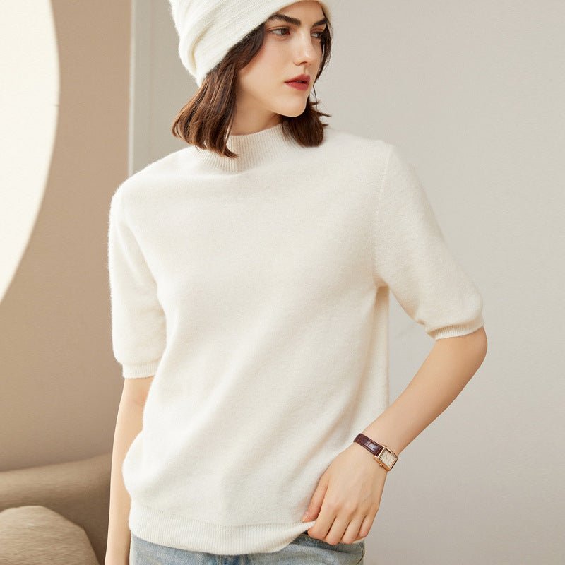Womens Cashmere Mock Neck Sweater Half - Sleeve Superfine Sweater Ivory XS