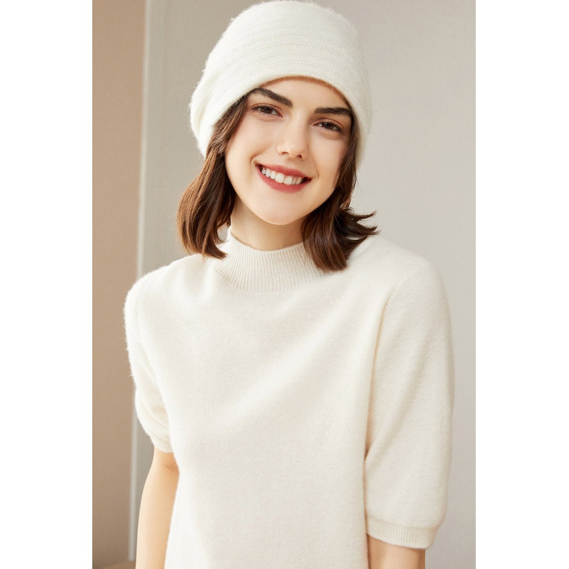 Womens Cashmere Mock Neck Sweater Half - Sleeve Superfine Sweater Ivory XS