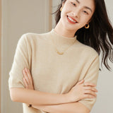Womens Half Sleeves Cashmere Sweater Half Turtleneck Tops Beige XS
