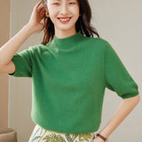 Womens Half Sleeves Cashmere Sweater Half Turtleneck Tops Green XS