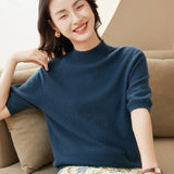 Womens Half Sleeves Cashmere Sweater Half Turtleneck Tops Ocean Blue XS