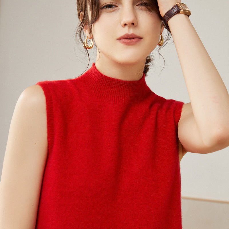 Womens Sleeveless Mock Neck Cashmere Sweater Top Cashmere Vest Tank Red XS