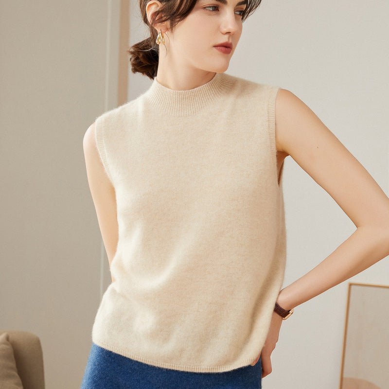 Womens Sleeveless Mock Neck Cashmere Sweater Top Cashmere Vest Tank Beige XS