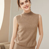Womens Sleeveless Mock Neck Cashmere Sweater Top Cashmere Vest Tank Taupe XS