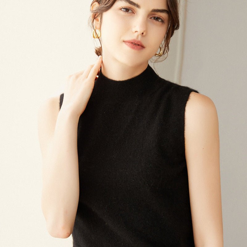 Womens Sleeveless Mock Neck Cashmere Sweater Top Cashmere Vest Tank Black XS