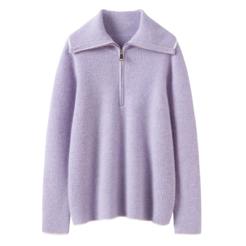 Womens Half-Zip Cashmere Sweater Ribbed Knit Collared Cashmere Pullover Purple XS