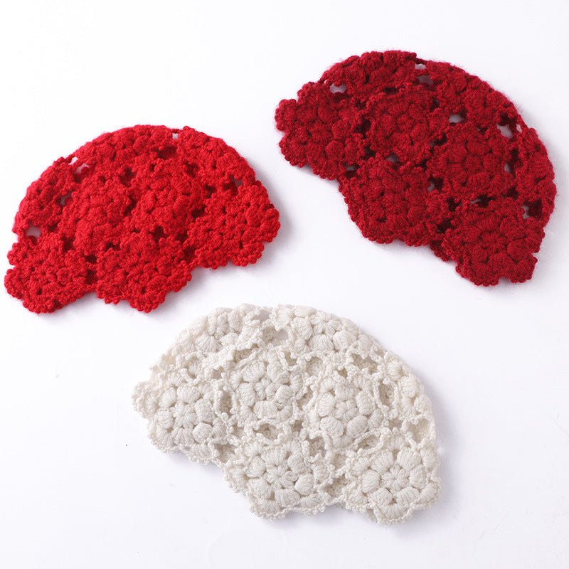 Womens Hand - Knit Cashmere Beanie Cluster Crochet Cashmere Stitch Cap Ivory M