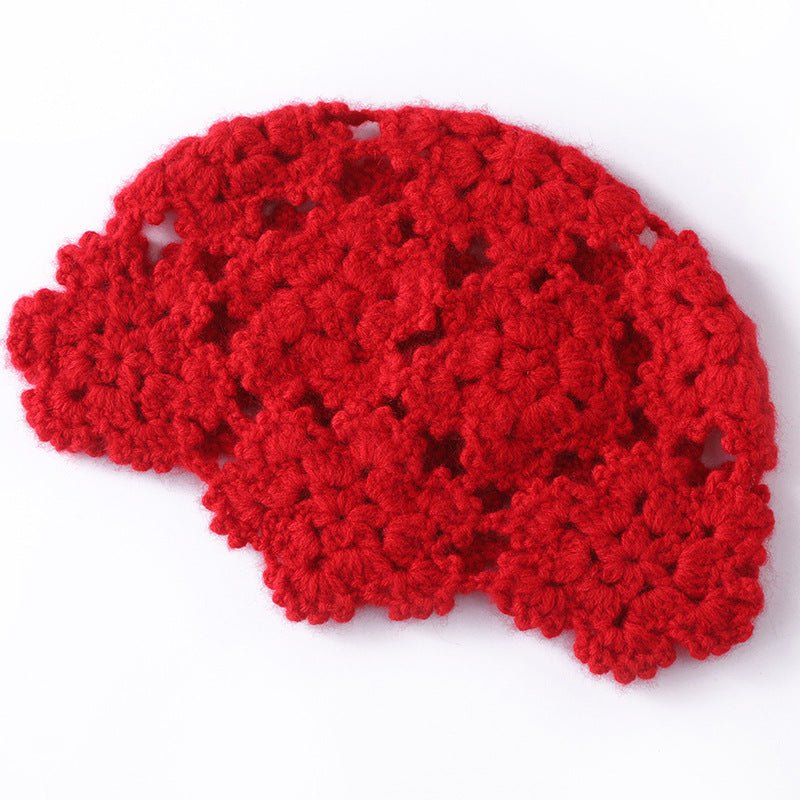 Womens Hand - Knit Cashmere Beanie Cluster Crochet Cashmere Stitch Cap Red M