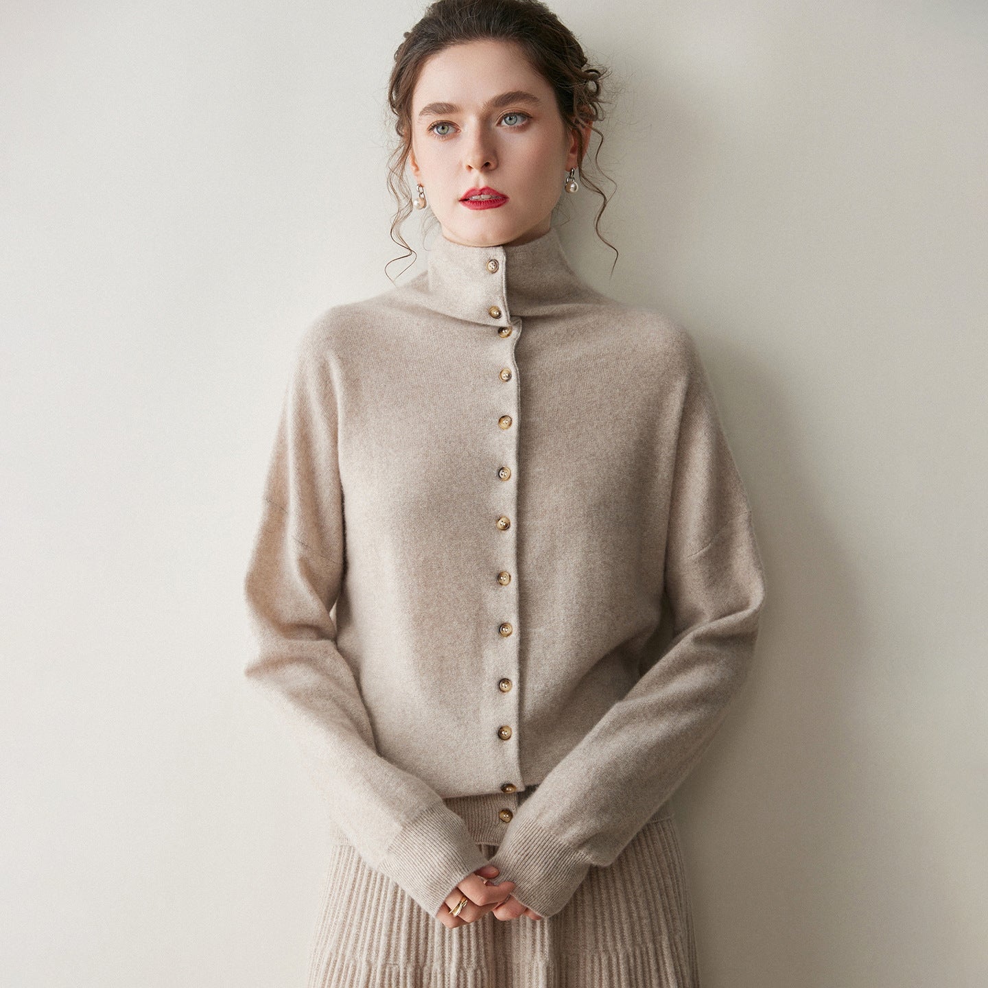 Womens High Neck Cashmere Cardigan Button Cashmere Sweater Oatmeal XS