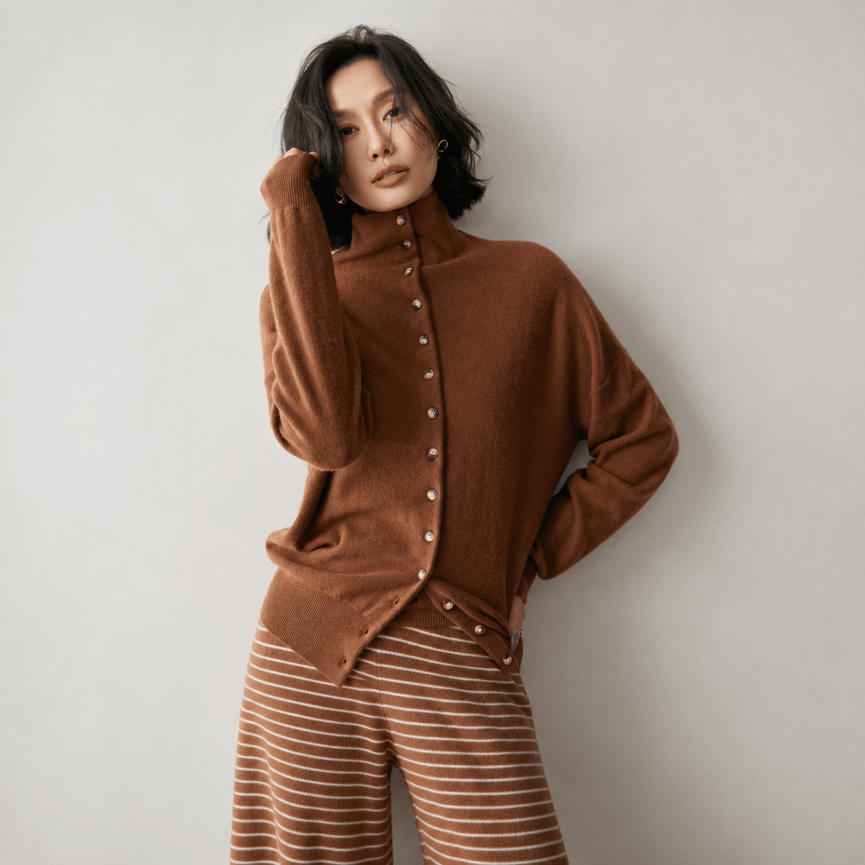 Womens High Neck Cashmere Cardigan Button Cashmere Sweater Coffee XS
