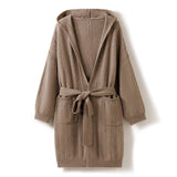 Womens Hooded Cashmere Belted Cardigan Patch Pockets Cashmere Coat Taupe XS