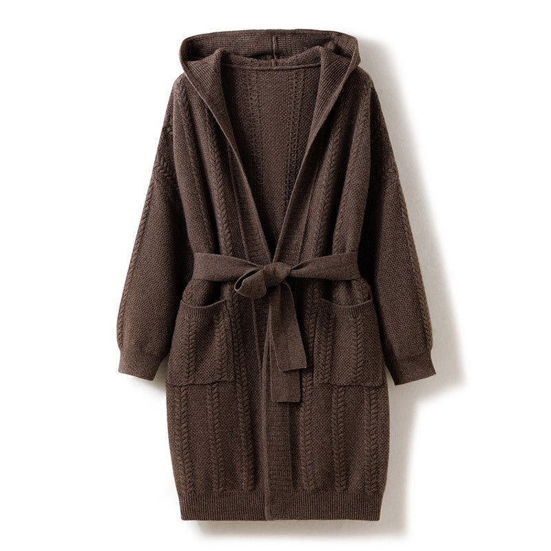 Womens Hooded Cashmere Belted Cardigan Patch Pockets Cashmere Coat Coffee XS