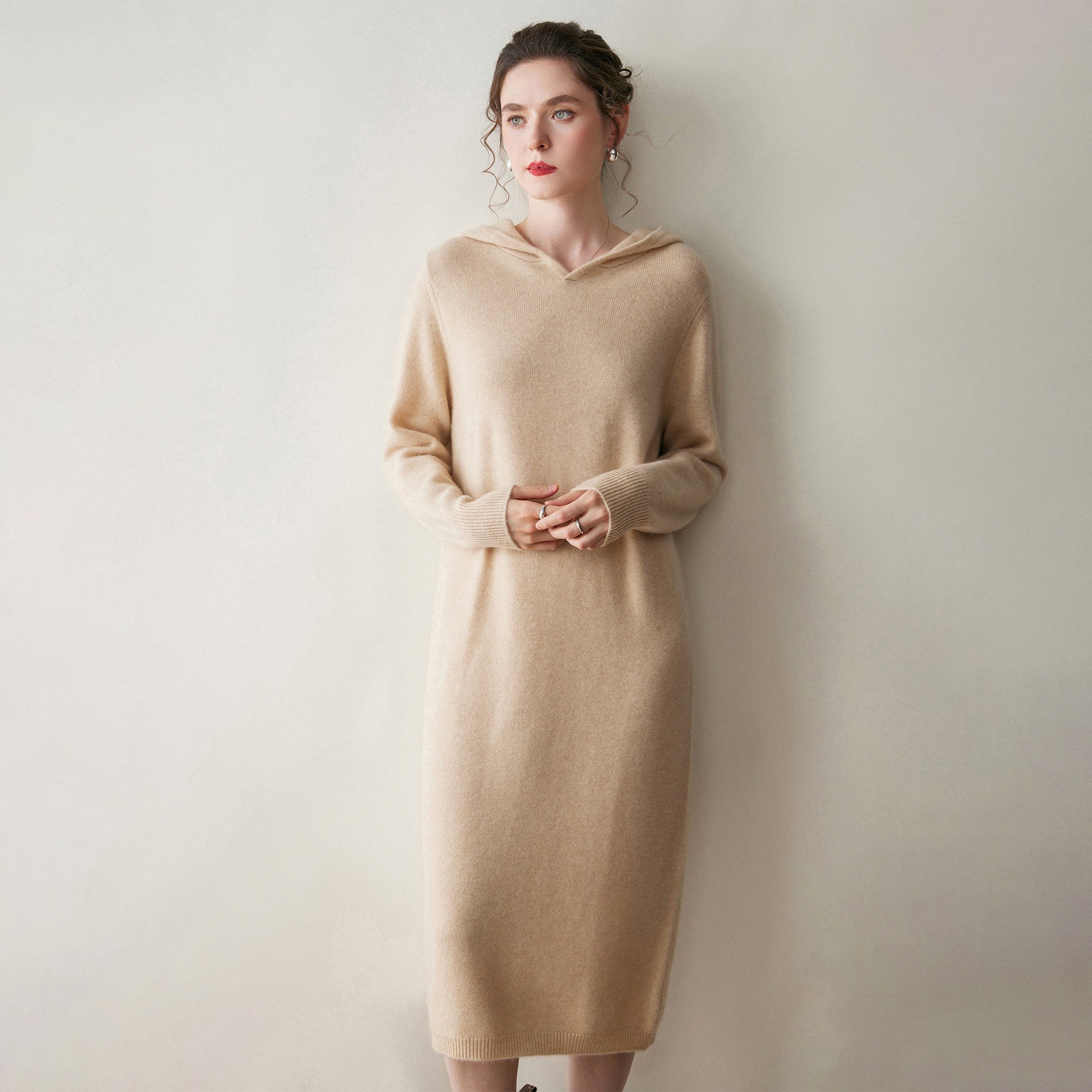 Womens Hooded Cashmere Sweater Dress Long Sleeve Cashmere Midi Dress Beige XS