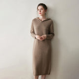 Womens Hooded Cashmere Sweater Dress Long Sleeve Cashmere Midi Dress Taupe XS