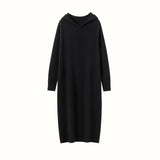 Womens Hooded Cashmere Sweater Dress Long Sleeve Cashmere Midi Dress Black XS