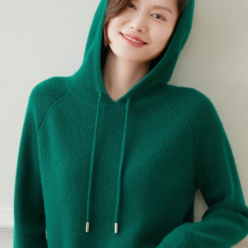 Womens Cashmere Hoodie with Raglan Sleeves Long Sleeve Hoody Top Green XS